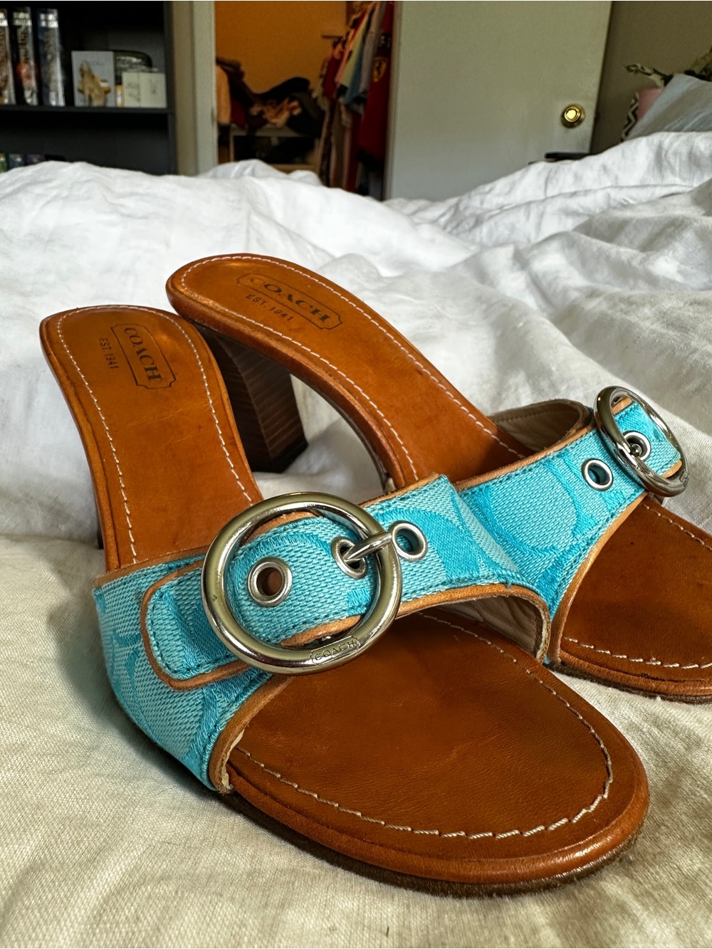 Coach Turquoise Canvas & Tan Leather Buckle Mules